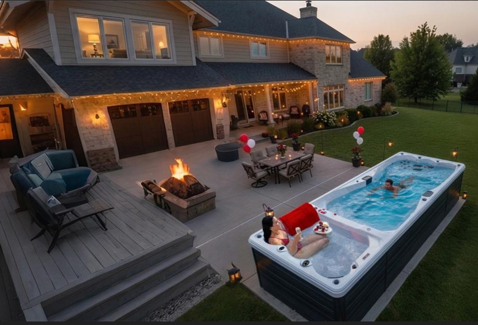 Swim spa installed in a spacious American backyard entertaining area