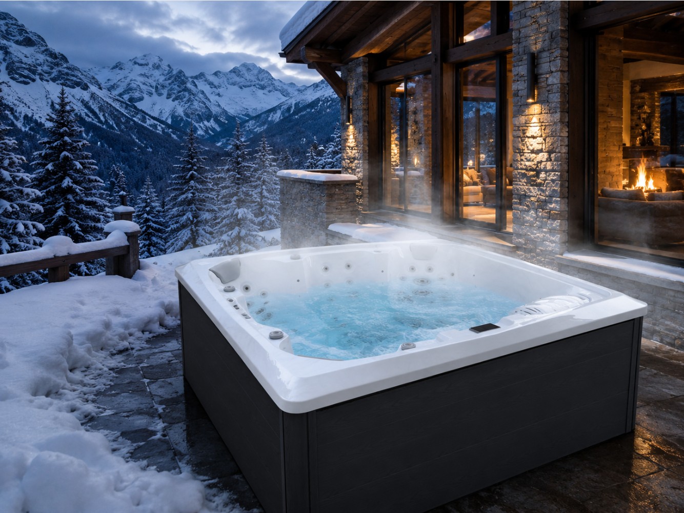Outdoor hot tub beside a mountain home in deep winter snow