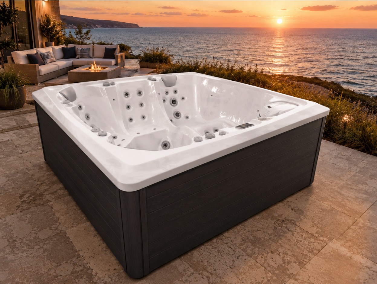 Outdoor hot tub on a coastal patio overlooking the ocean at sunset
