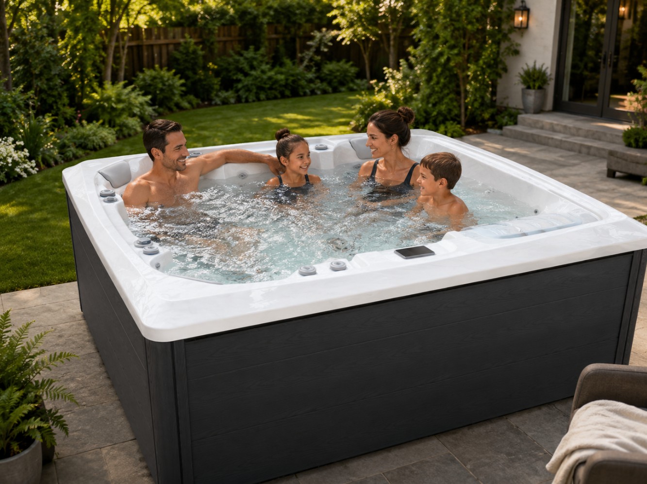 Family using an outdoor hot tub on a green backyard patio