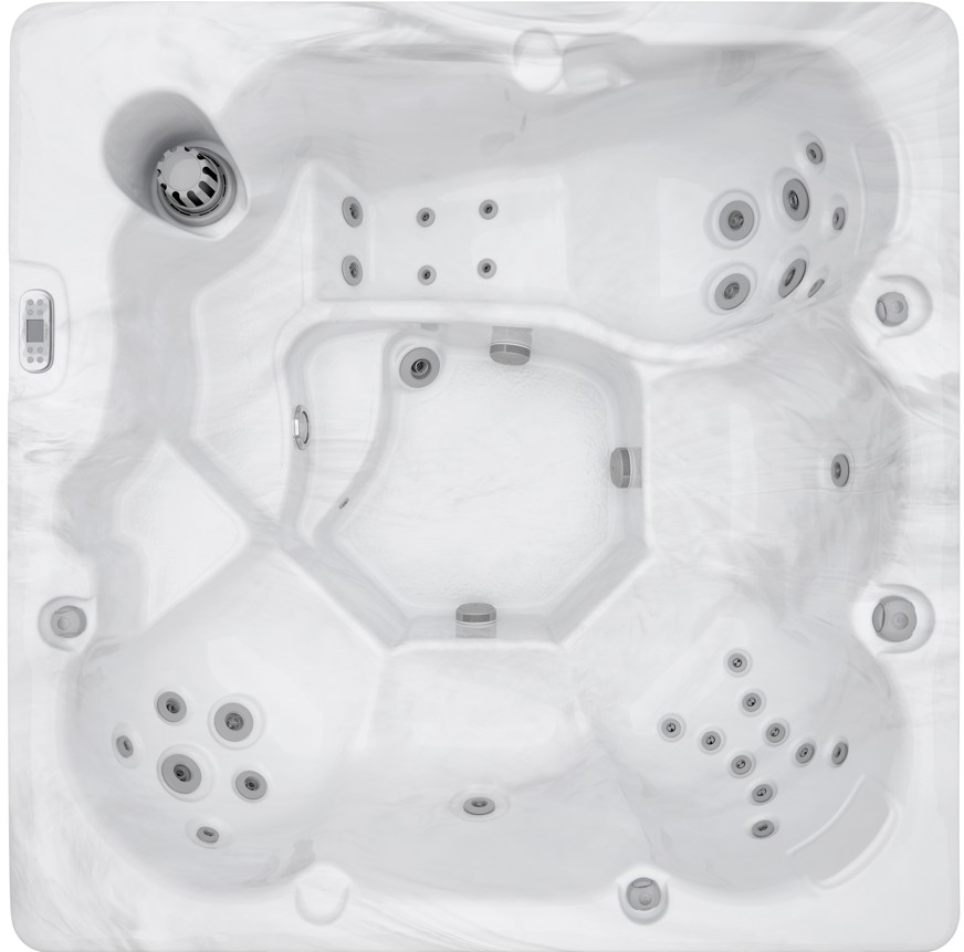 Top view of a white hot tub showing different seating and jet positions