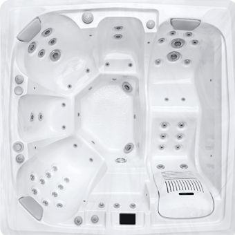 Top view of a seven-seat Bellagio hot tub with varied seating positions
