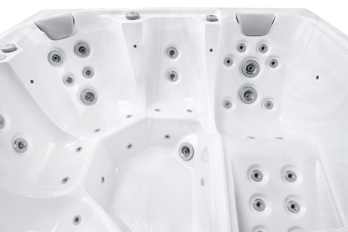 Top view of a Bellagio hot tub with contoured seats and central foot jets