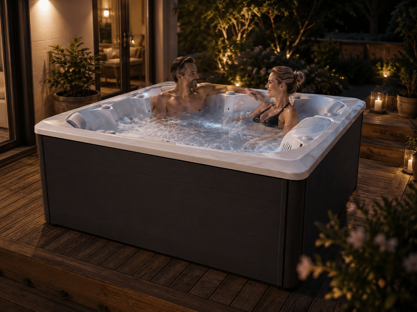 Two adults seated in a compact Bellagio hot tub