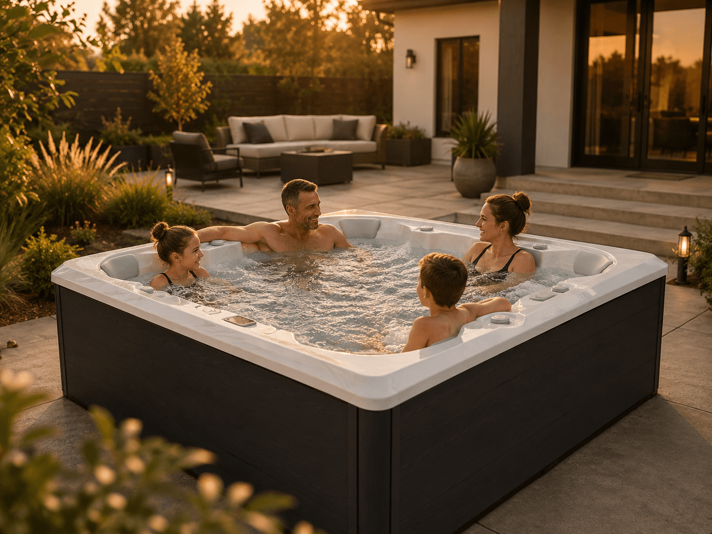 Family using a large hot tub in a backyard setting