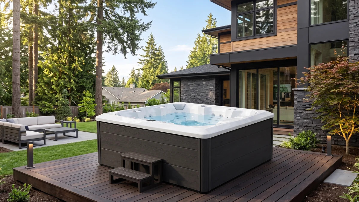 Partially recessed hot tub integrated into a backyard deck with planned equipment access