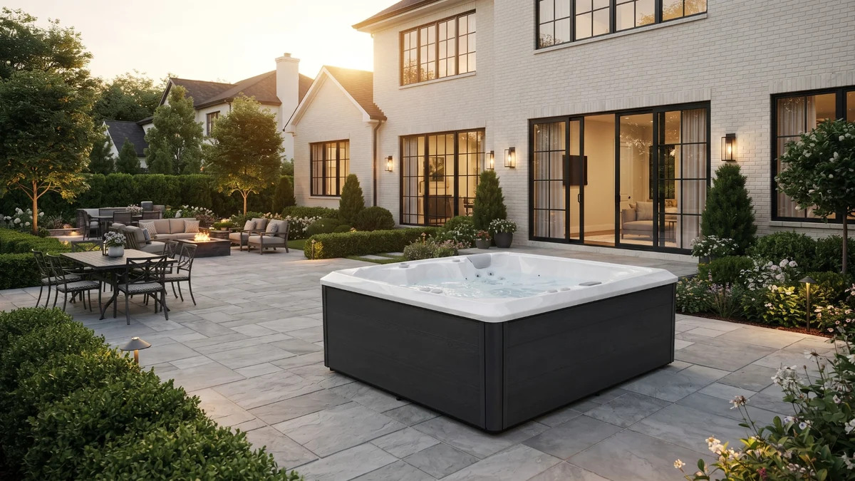 Backyard hot tub beside a patio with a clear walking route, landscaping, and outdoor seating