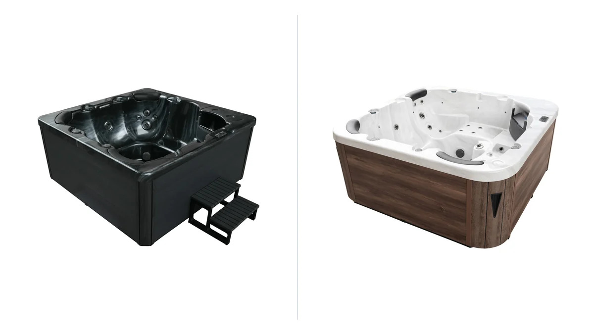 Bellagio hot tub shell and cabinet finish options for backyard design comparison