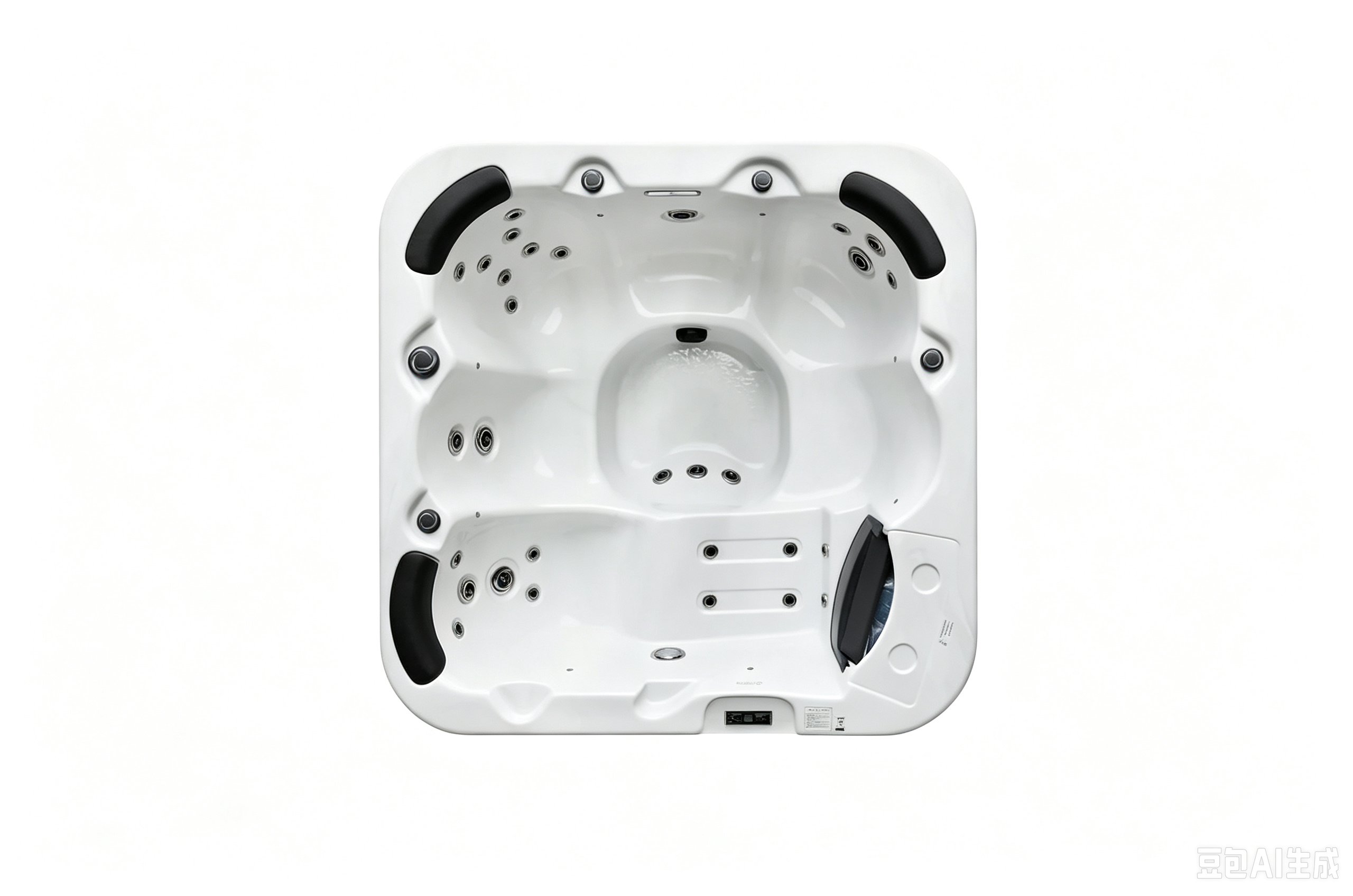 Bellagio hot tub interior showing ergonomic seating, massage jets, lounge positions, and shared footwell space
