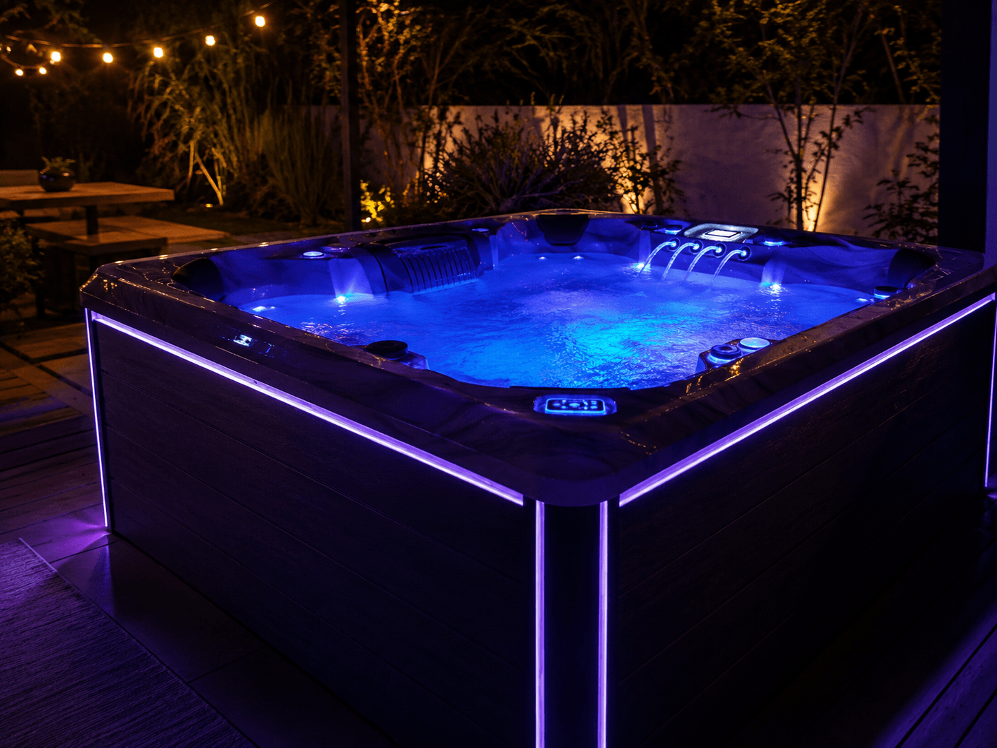 Bellagio hot tub with blue and purple LED lighting creating an evening backyard atmosphere