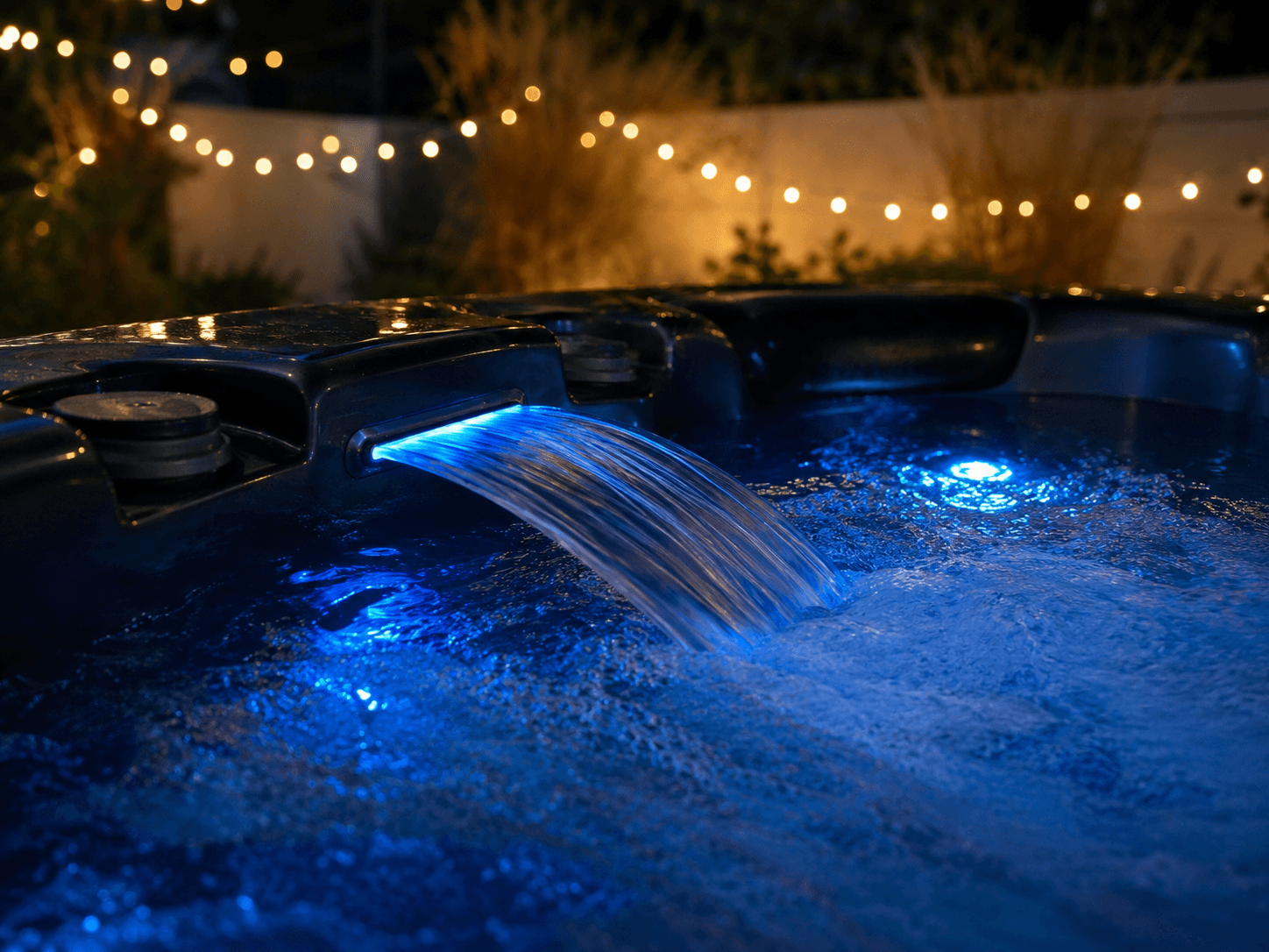 Bellagio hot tub with integrated Bluetooth audio during a relaxed backyard evening