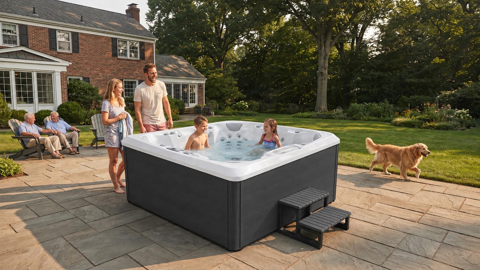 Adult standing with a child beside a closed hot tub cover