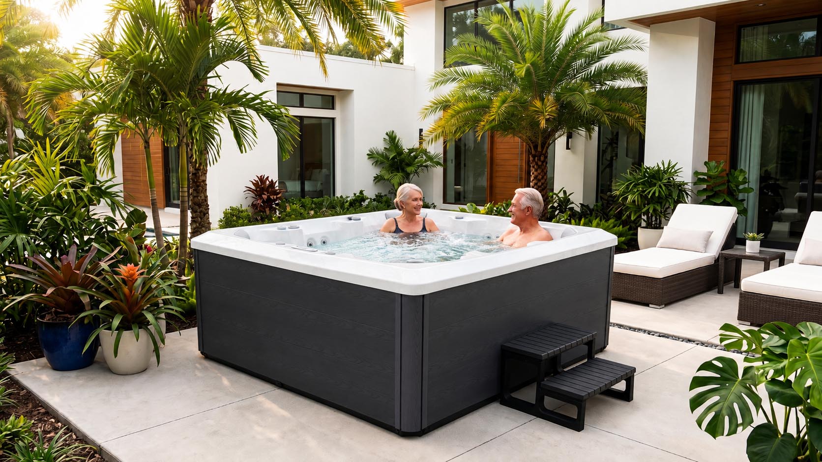 Closed backyard gate limiting access to a covered hot tub