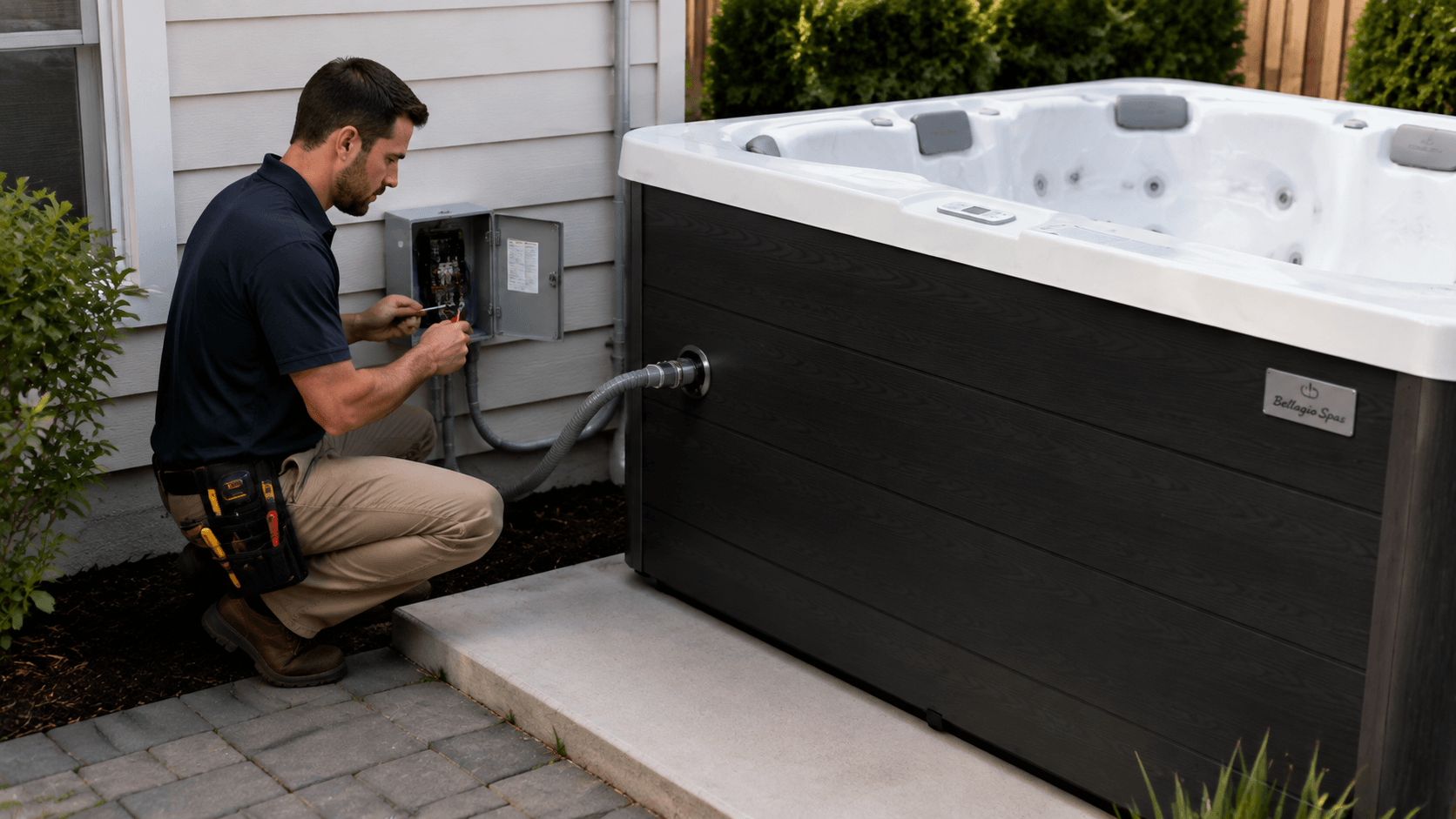 Reviewing hot tub options beside a backyard patio