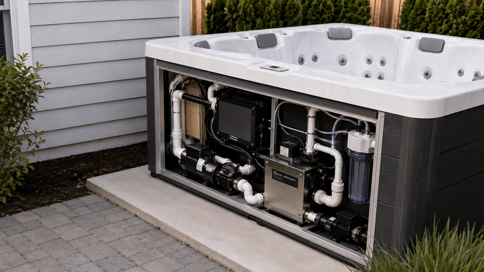 Electrician inspecting a hot tub disconnect near a prepared site