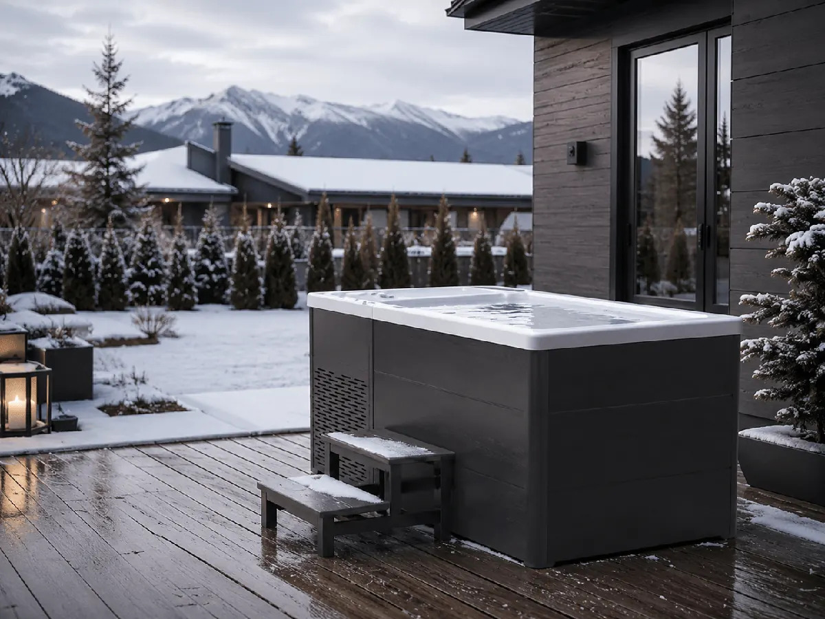 Rectangular cold plunge on a snowy deck beside a mountain home
