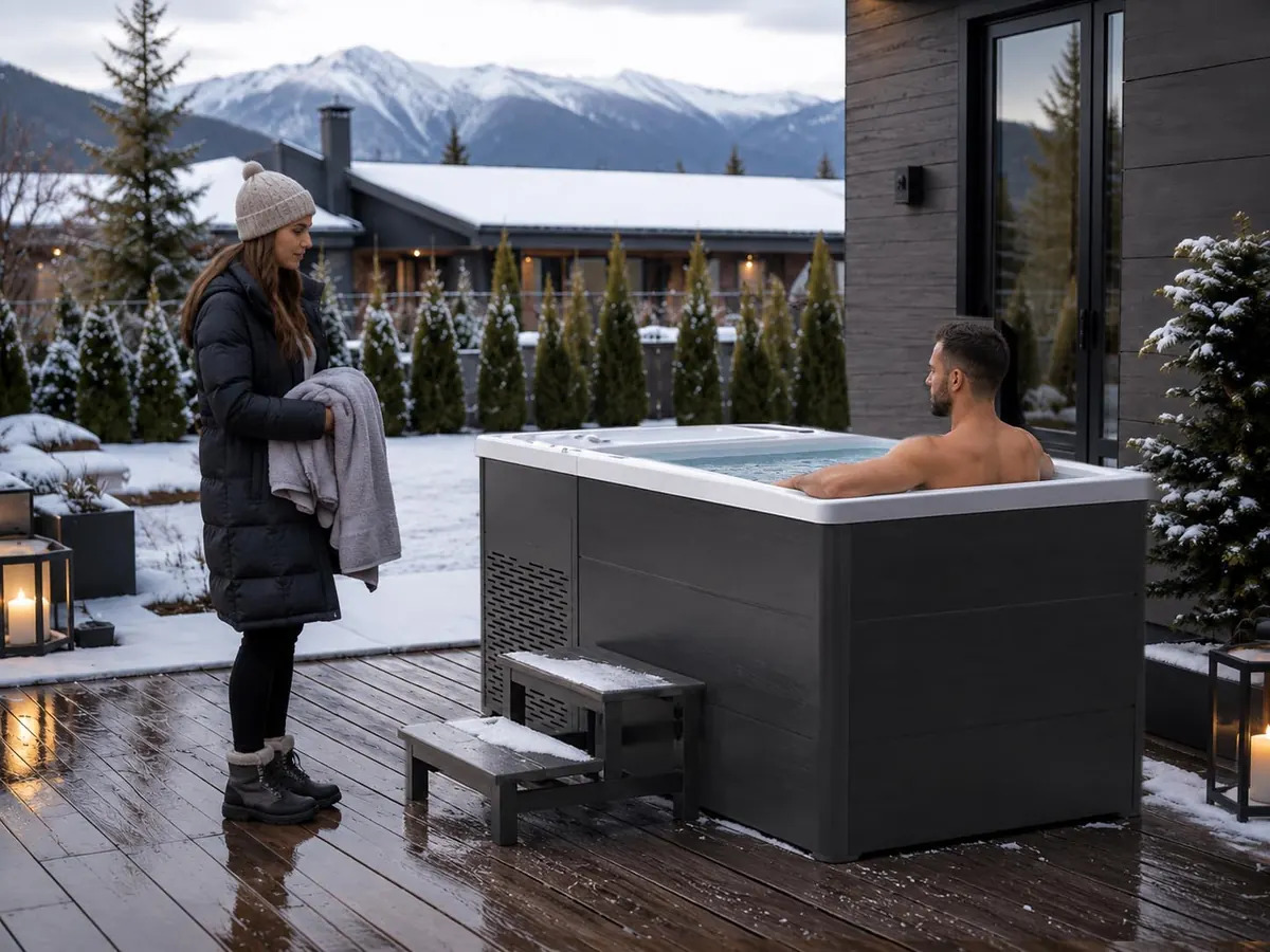Two adults beside a cold plunge with towels and warm clothing nearby