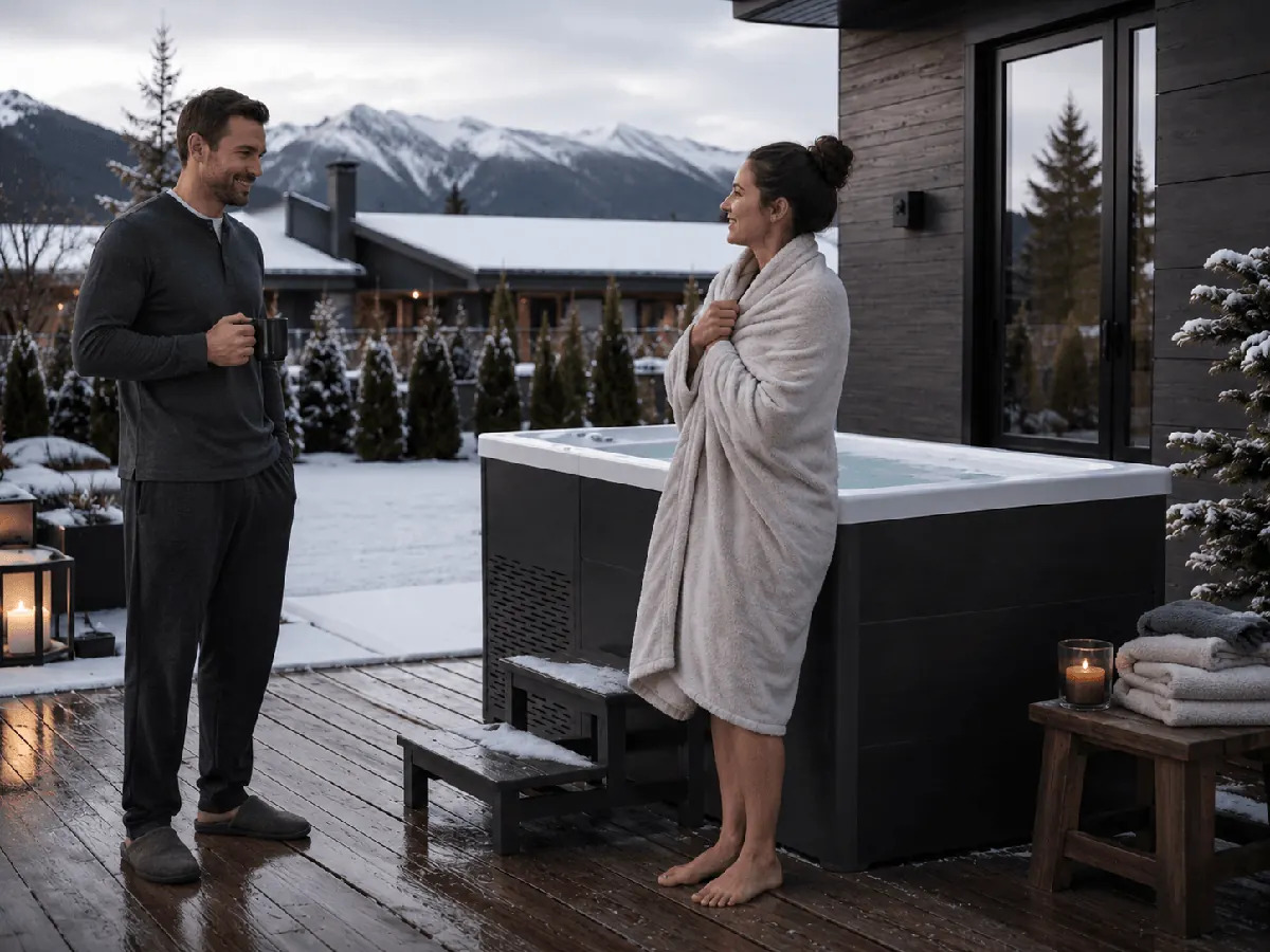 Adult in a cold plunge while another adult waits nearby with towels
