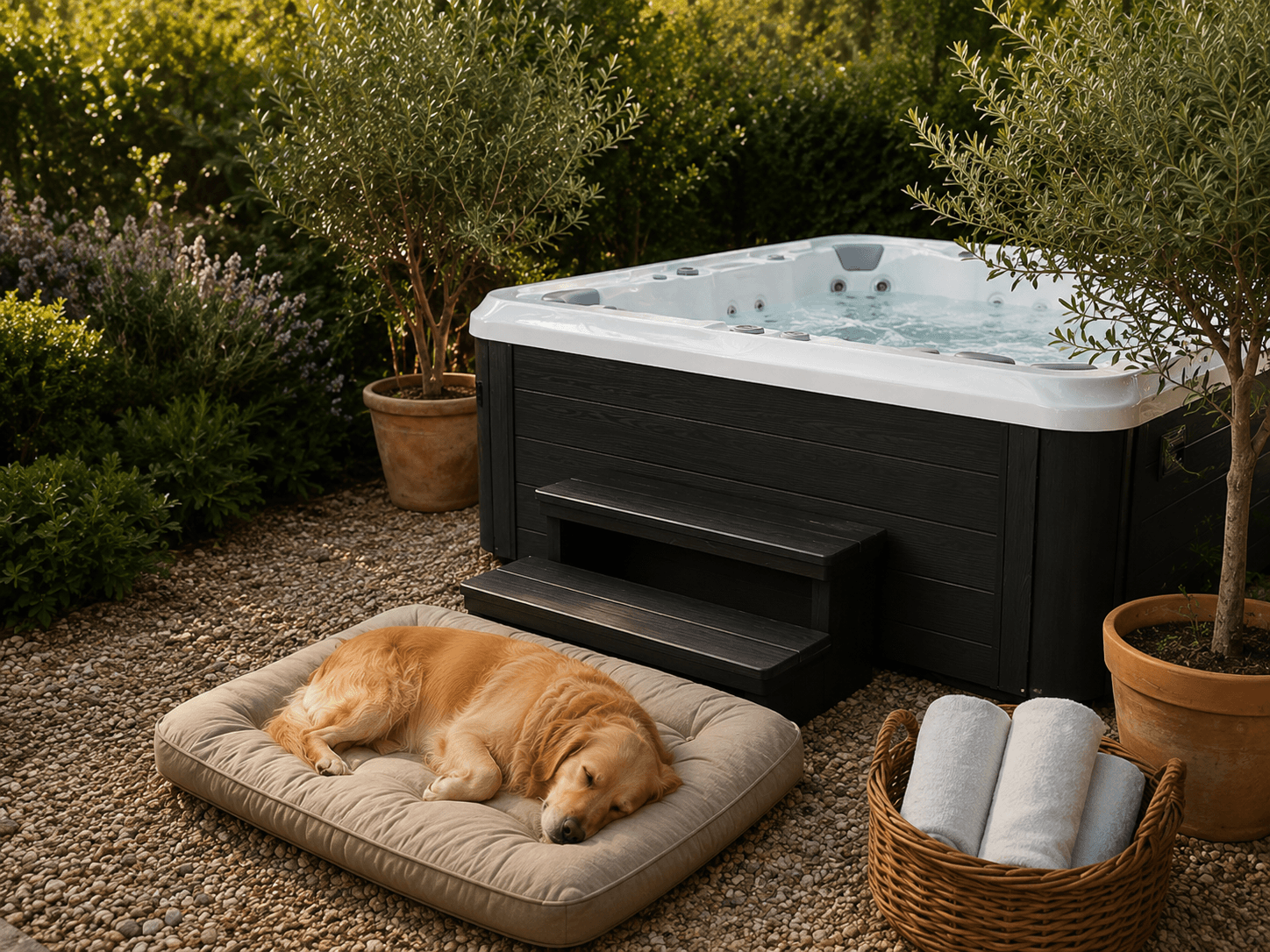 Dog resting beside a covered hot tub in a fenced backyard