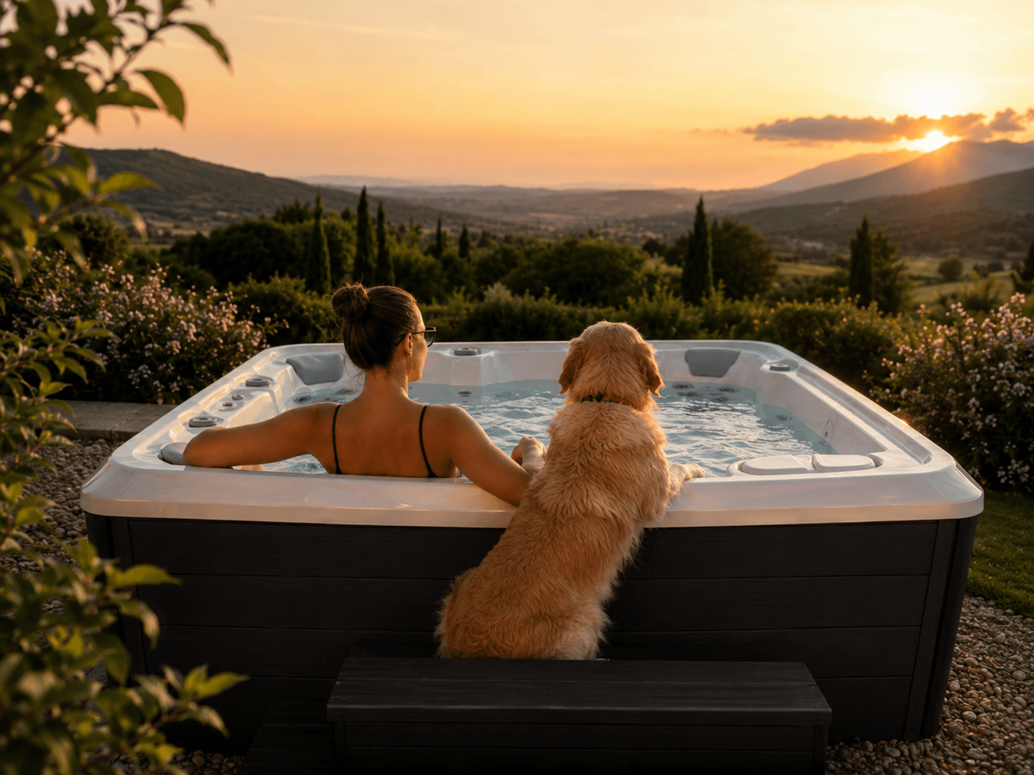 Dog bed and fresh water arranged beside a secured spa area
