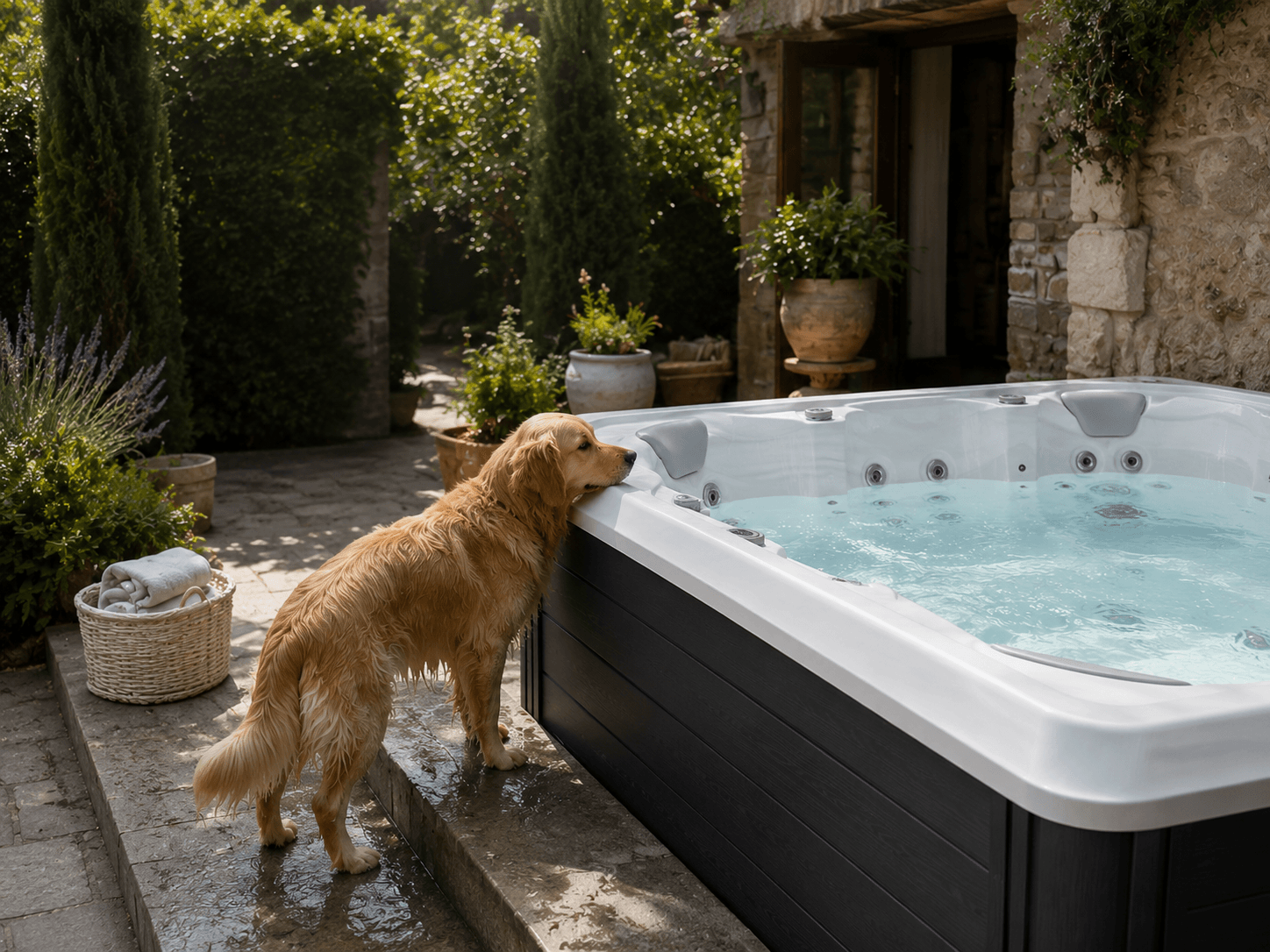 Pet owner keeping a dog safely away from hot tub water
