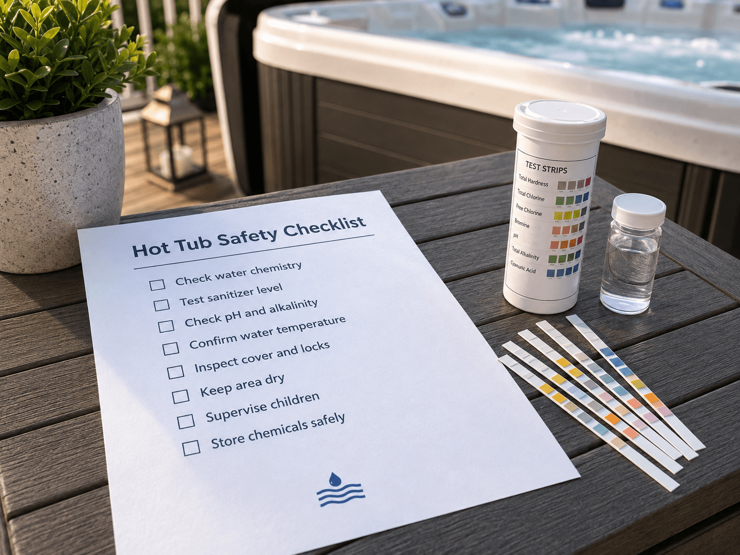 Printed hot tub safety checklist beside water test strips