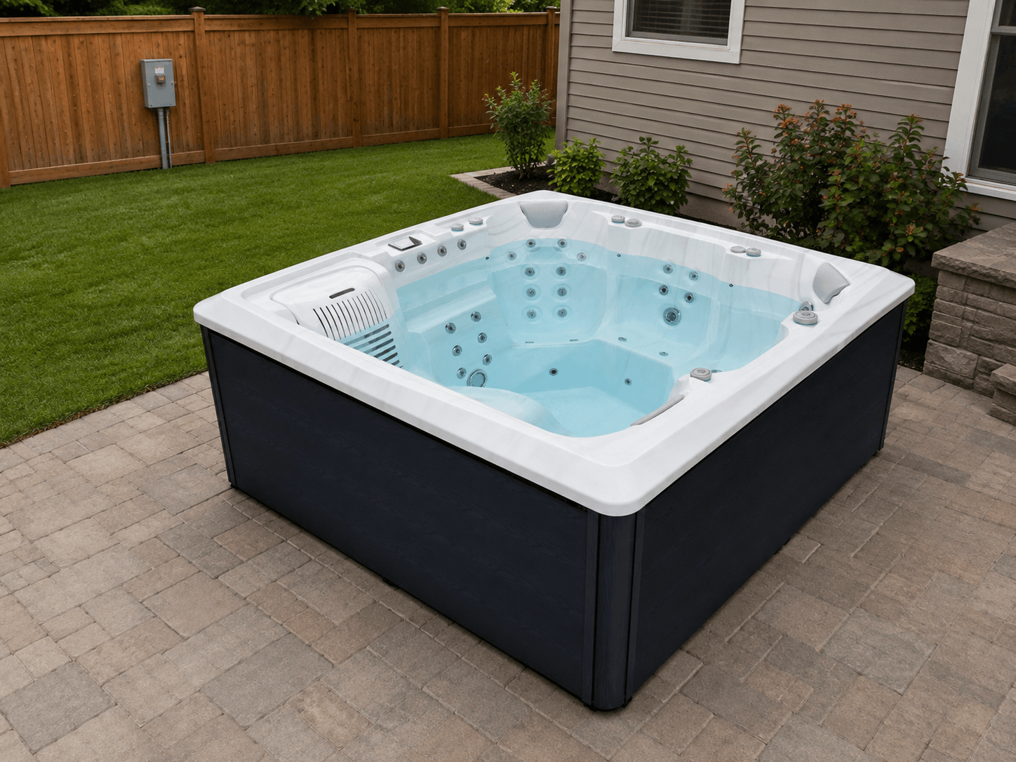 Weather-rated spa disconnect mounted away from a hot tub