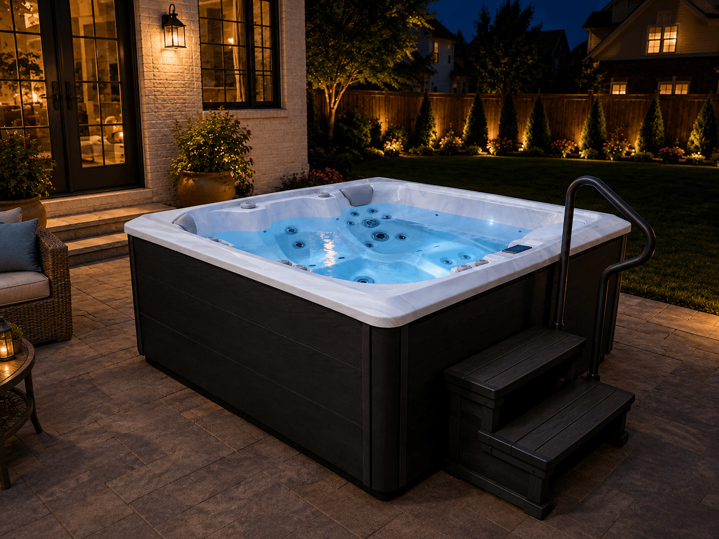 Hot tub steps and handrail beside a lit backyard path