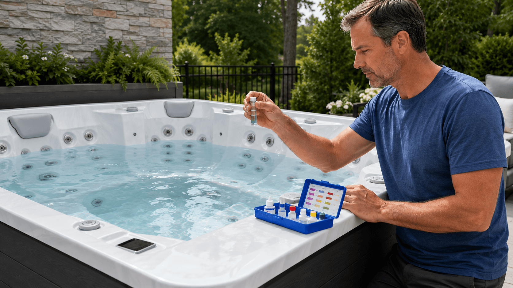 Hot tub owner testing total alkalinity beside the spa