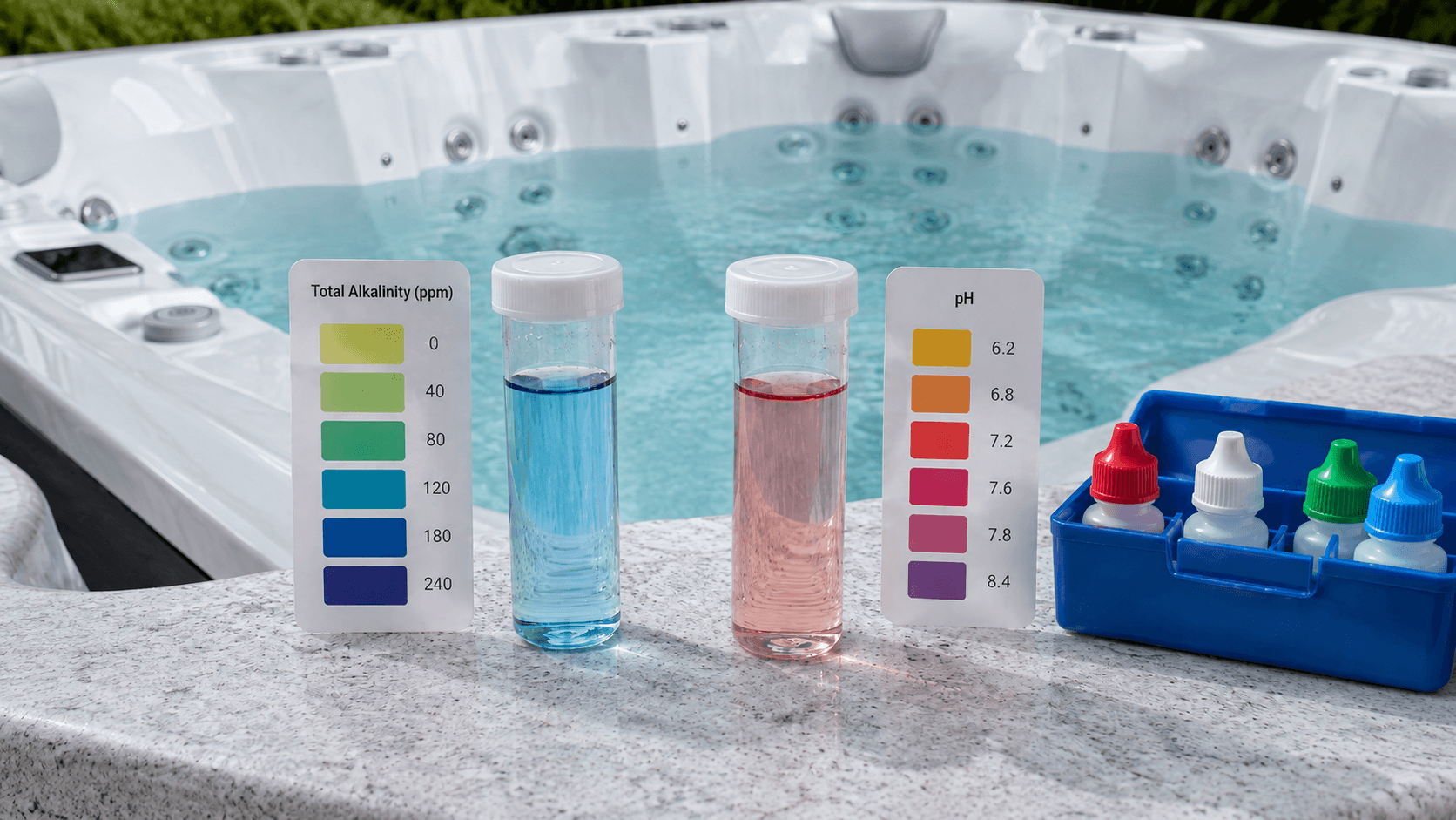 Total alkalinity and pH shown as separate hot tub water readings