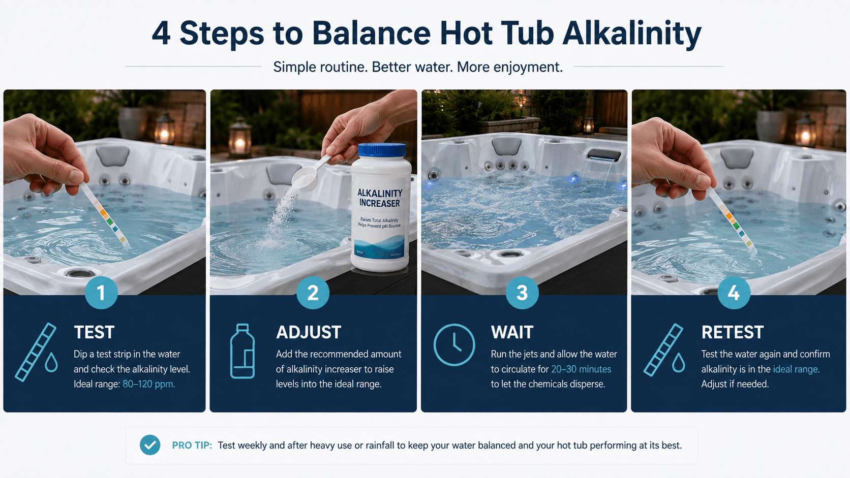 Four-step hot tub alkalinity workflow from testing to retesting