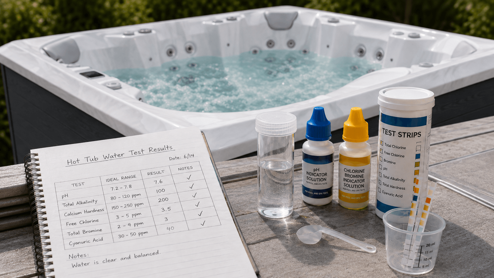 Recorded hot tub water test results beside fresh test supplies