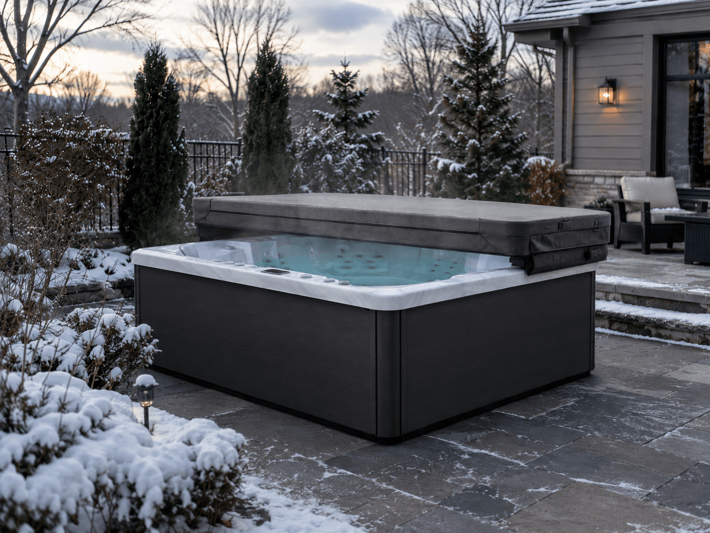 Hot tub with fitted cover in a cold-weather backyard