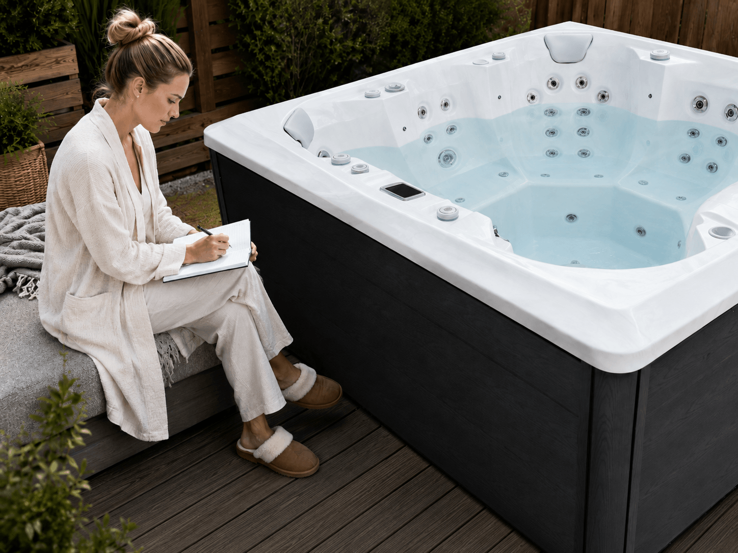Hot tub owner recording electricity use and operating settings