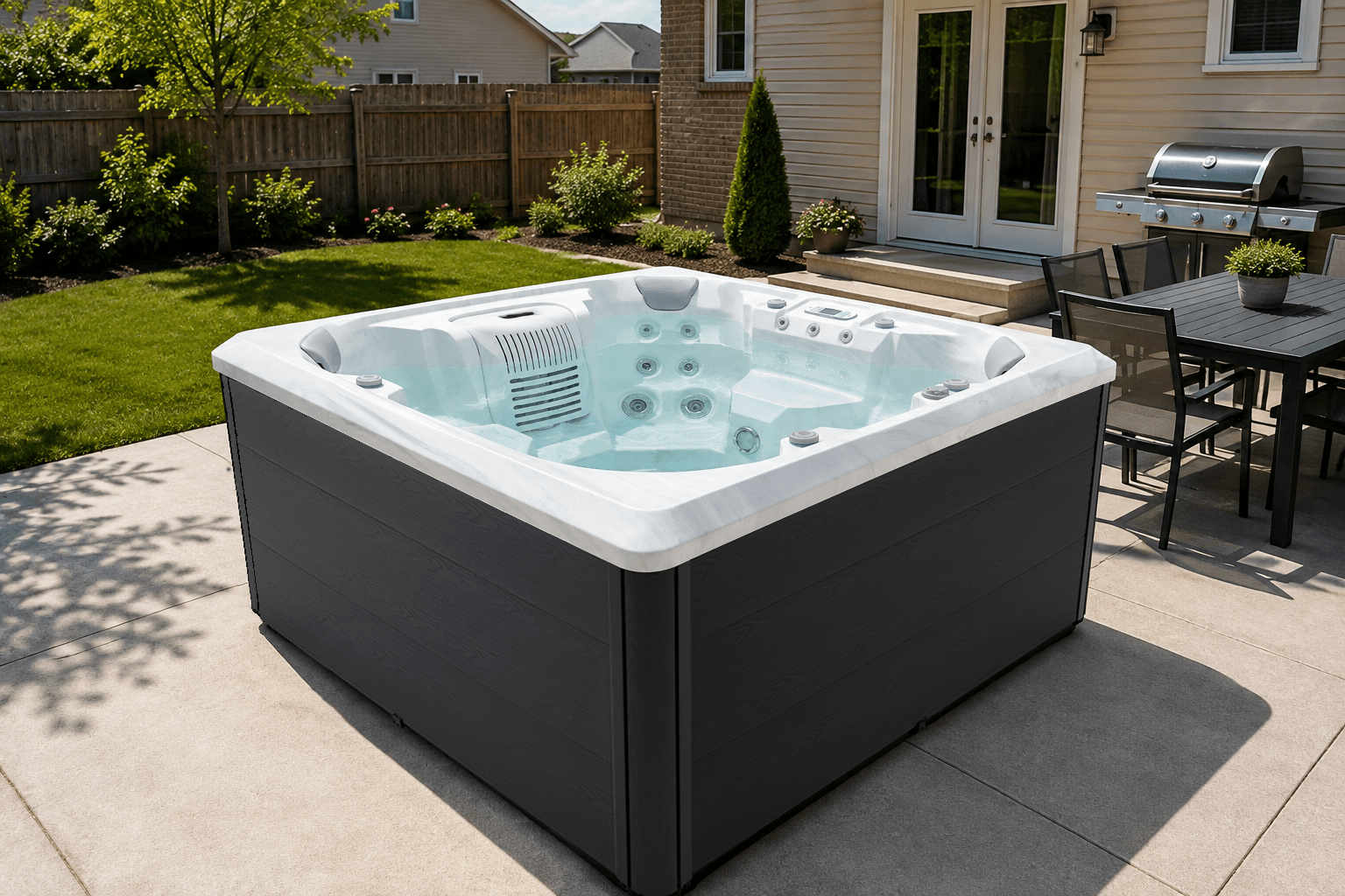 Bellagio hot tub interior showing ergonomic seating, massage jets, lounge positions, and shared footwell space
