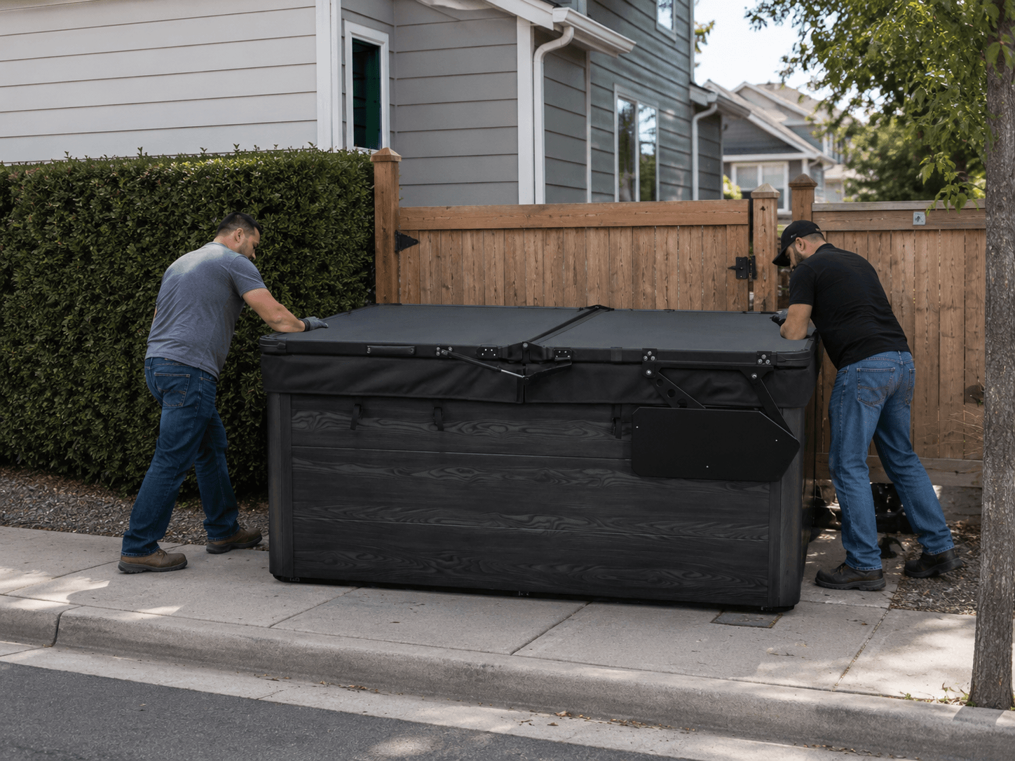 Closed backyard gate limiting access to a covered hot tub