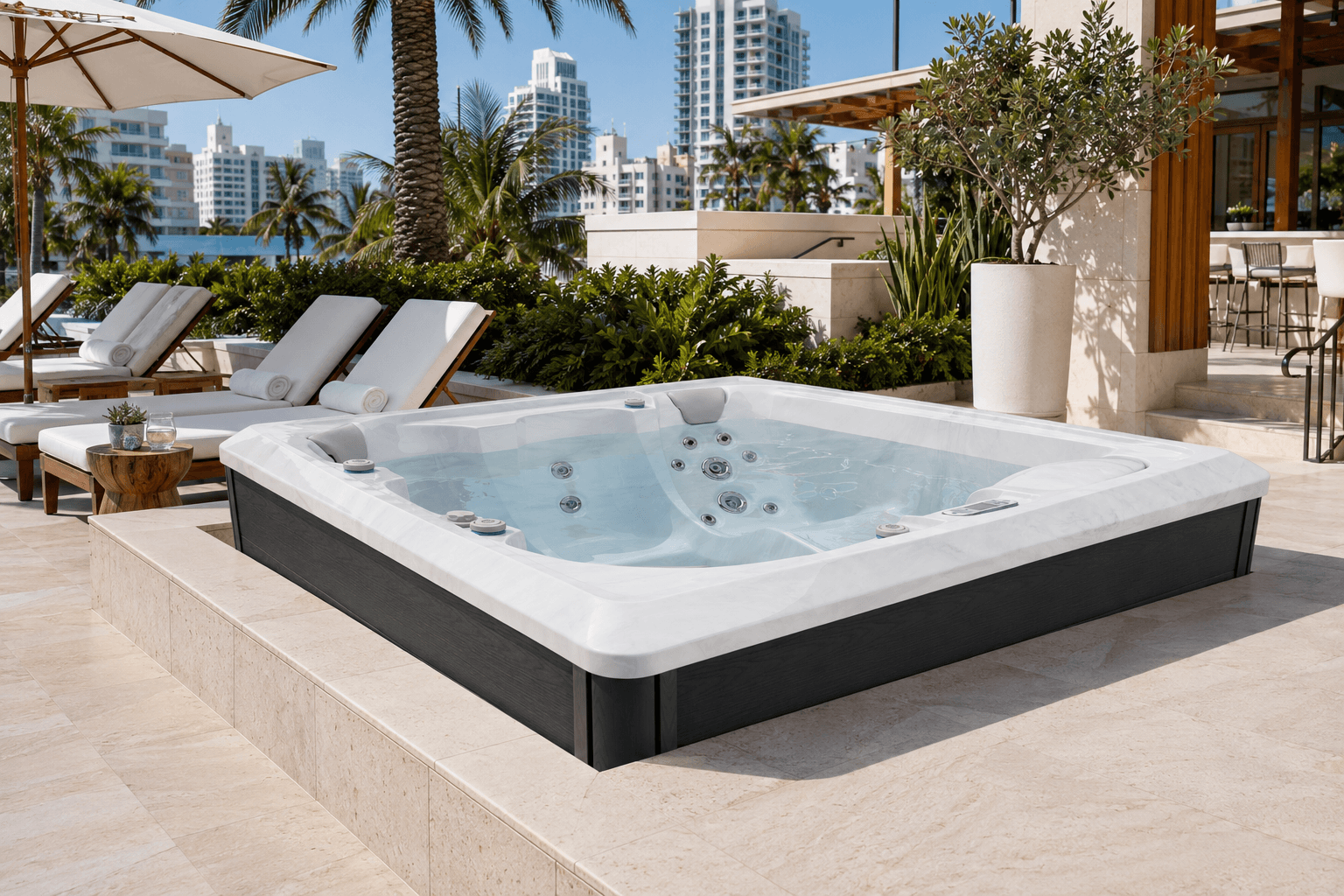 Partially recessed hot tub integrated into a backyard deck with planned equipment access