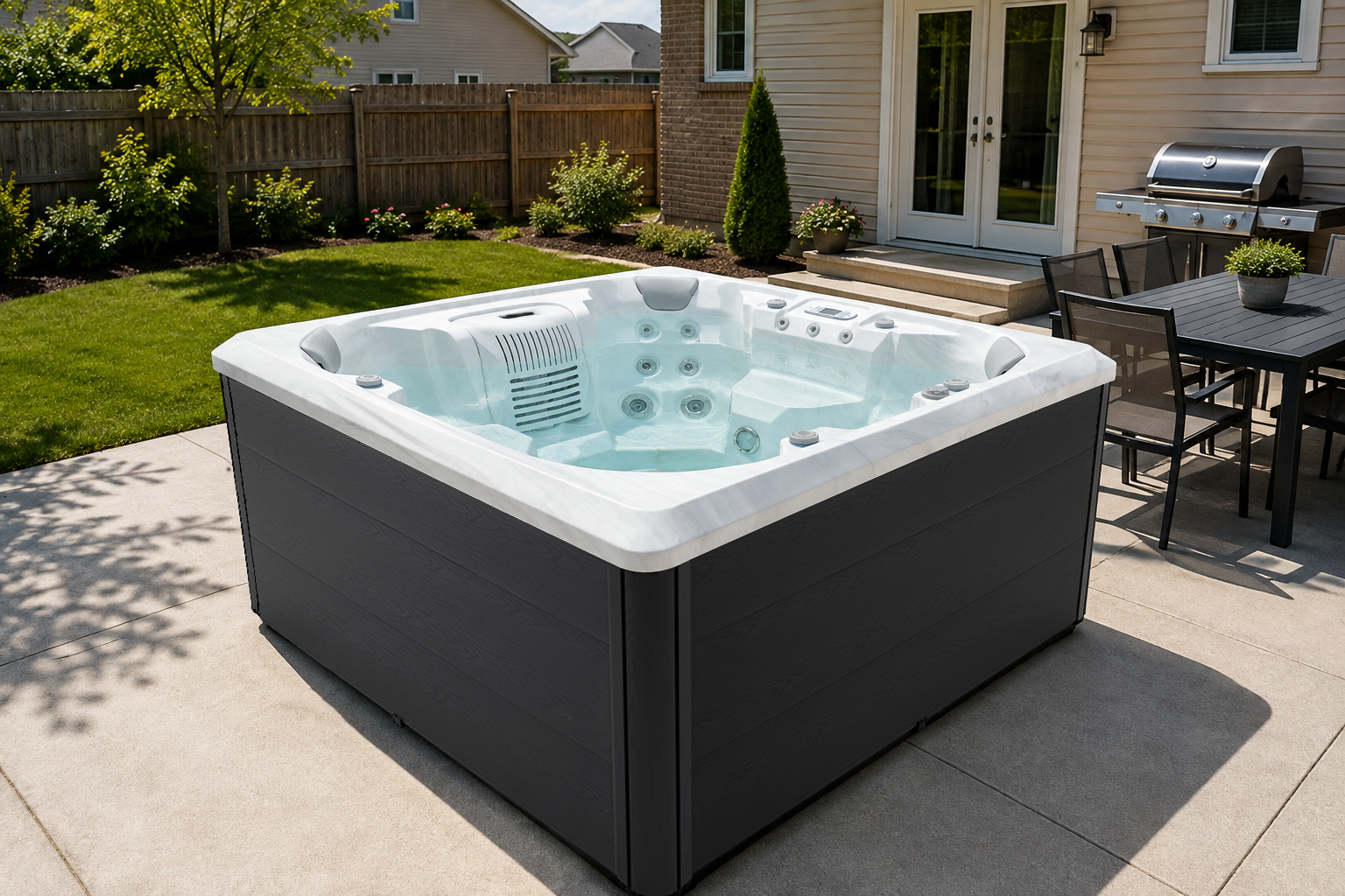 Bellagio hot tub cabinet and shell finish shown beside modern backyard decking and landscaping