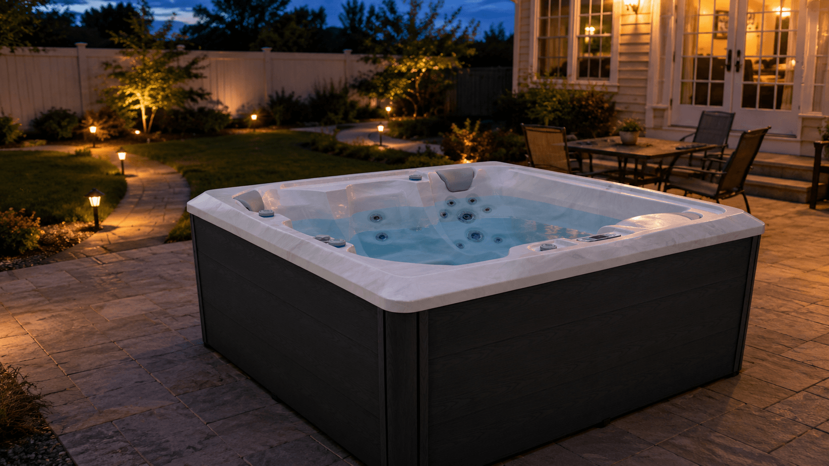 Backyard hot tub at night with path lighting, privacy landscaping, and clear walking space