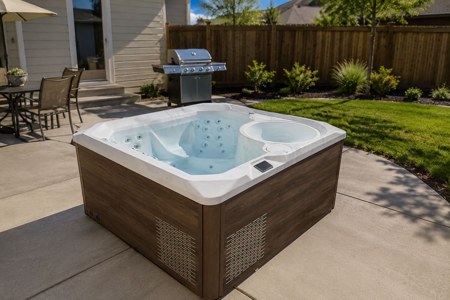 Bellagio hot tub shell and cabinet finish options for backyard design comparison
