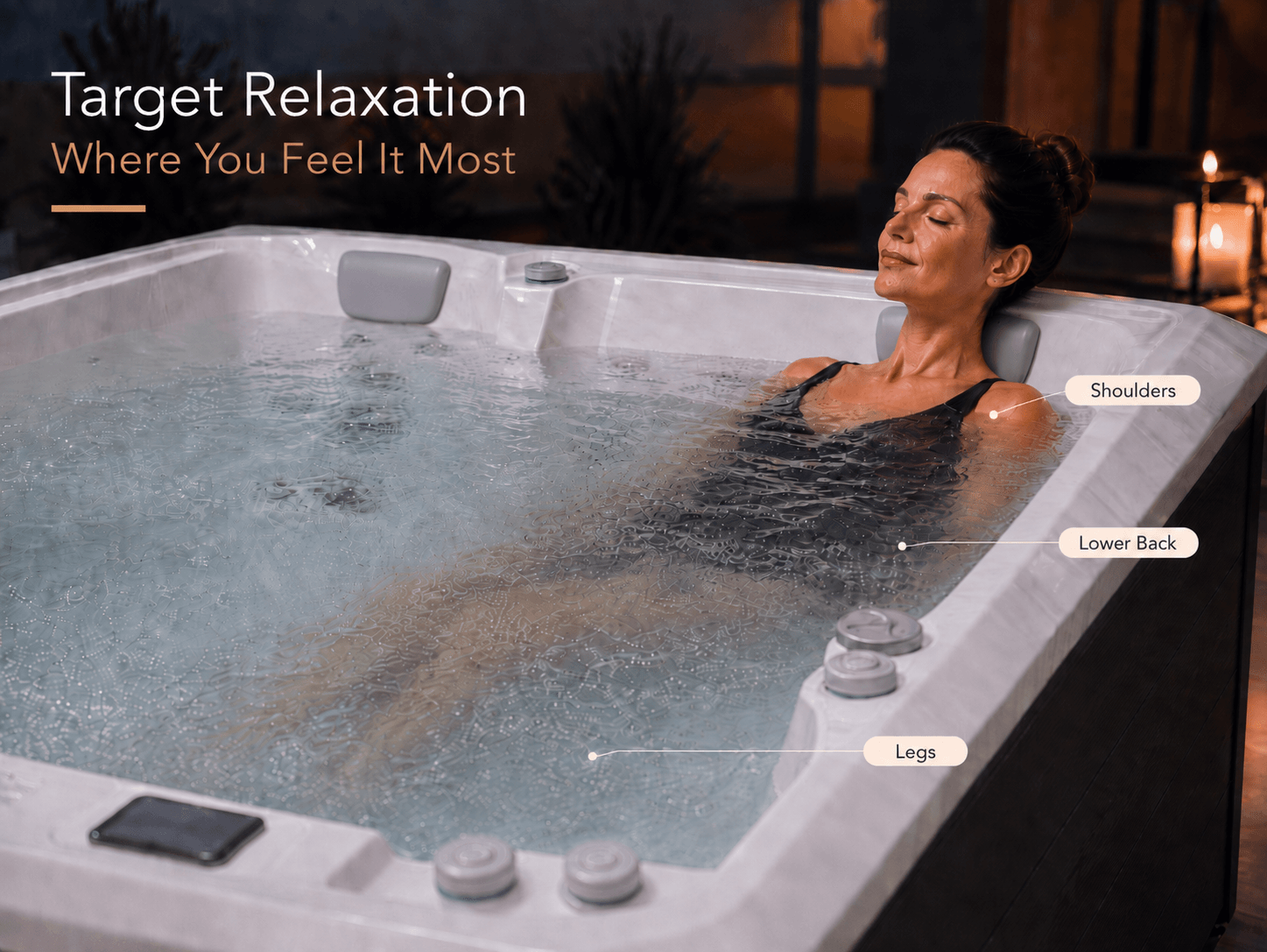 Seated woman in a hot tub with shoulder, lower-back, and leg relaxation labels