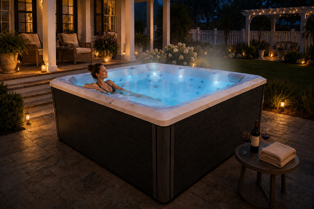 Woman taking a short evening soak in an outdoor hot tub