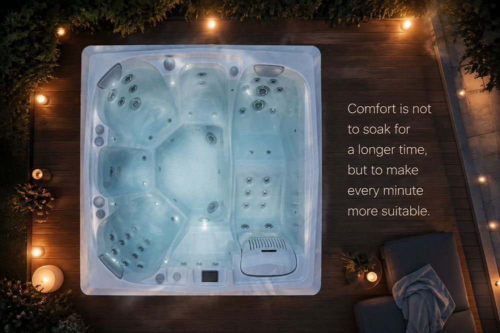 Overhead view of a hot tub with a message about comfort over longer soaking