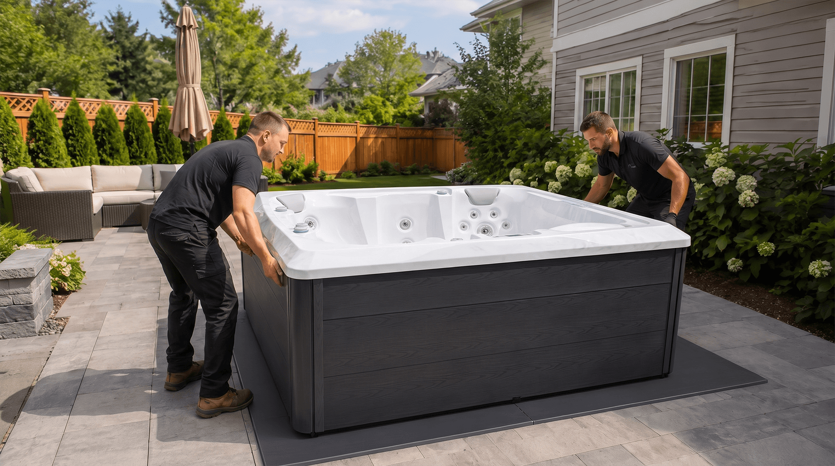 Bellagio modular spa base displayed beneath an outdoor hot tub