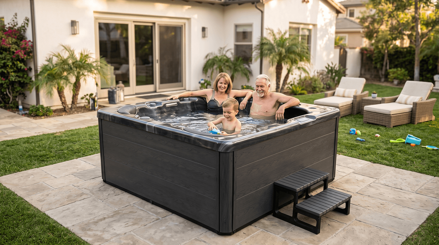 Gray hot tub steps positioned beside a spa cabinet