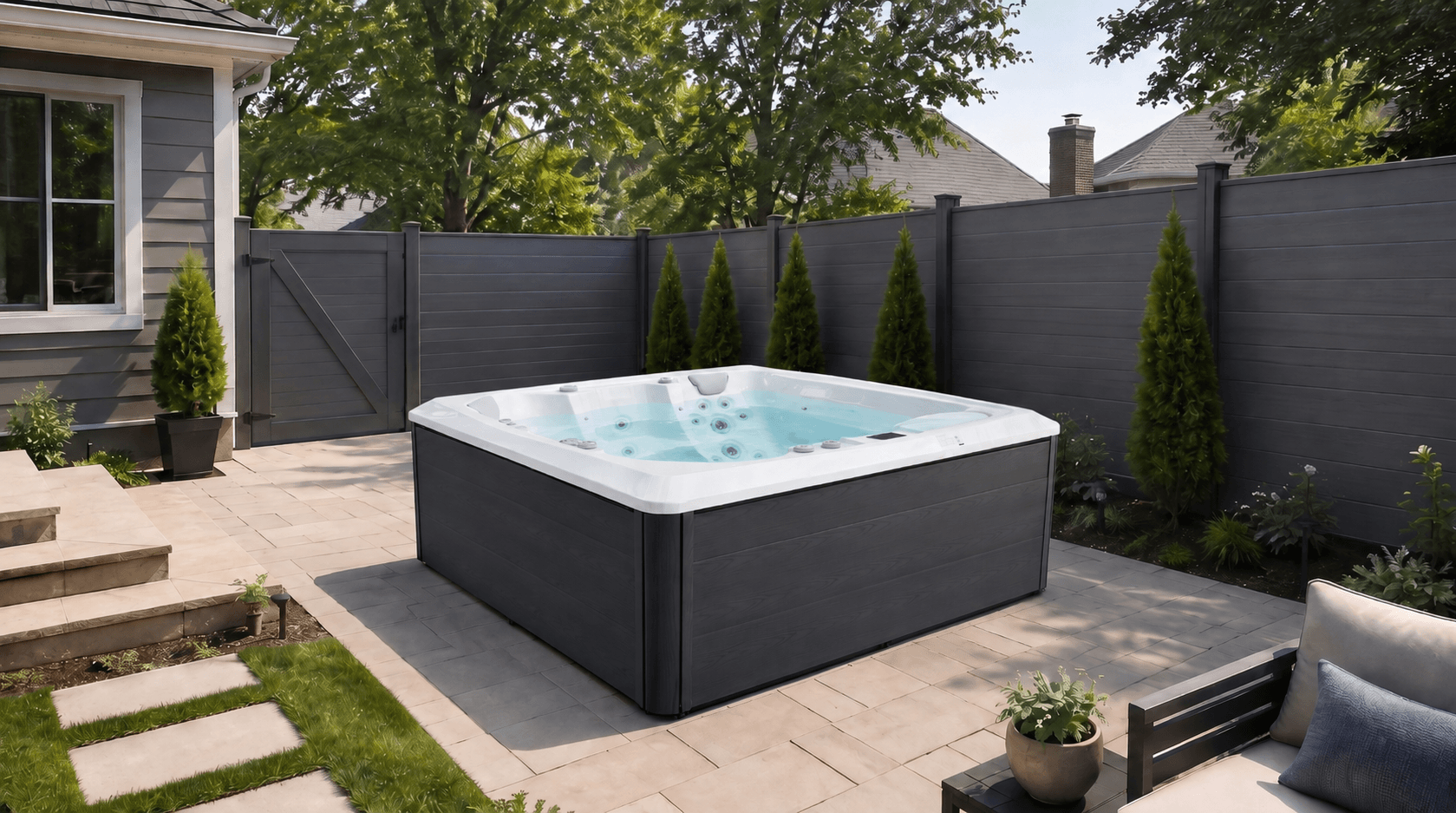 Decorative privacy barrier beside an outdoor hot tub
