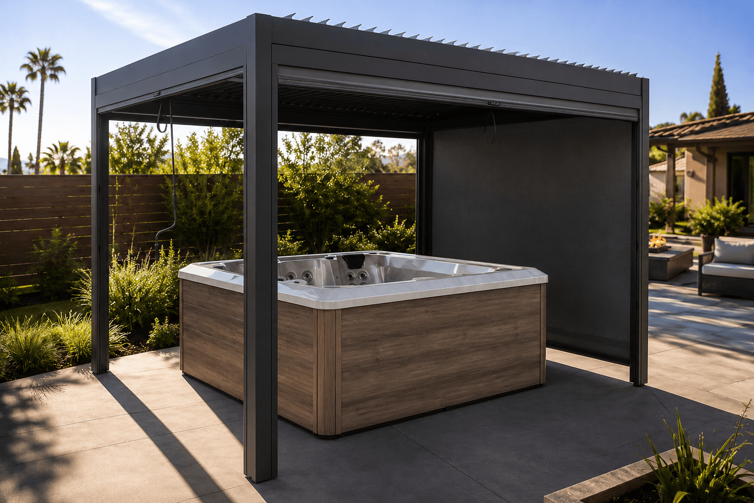 Bellagio pergola installed over an outdoor spa