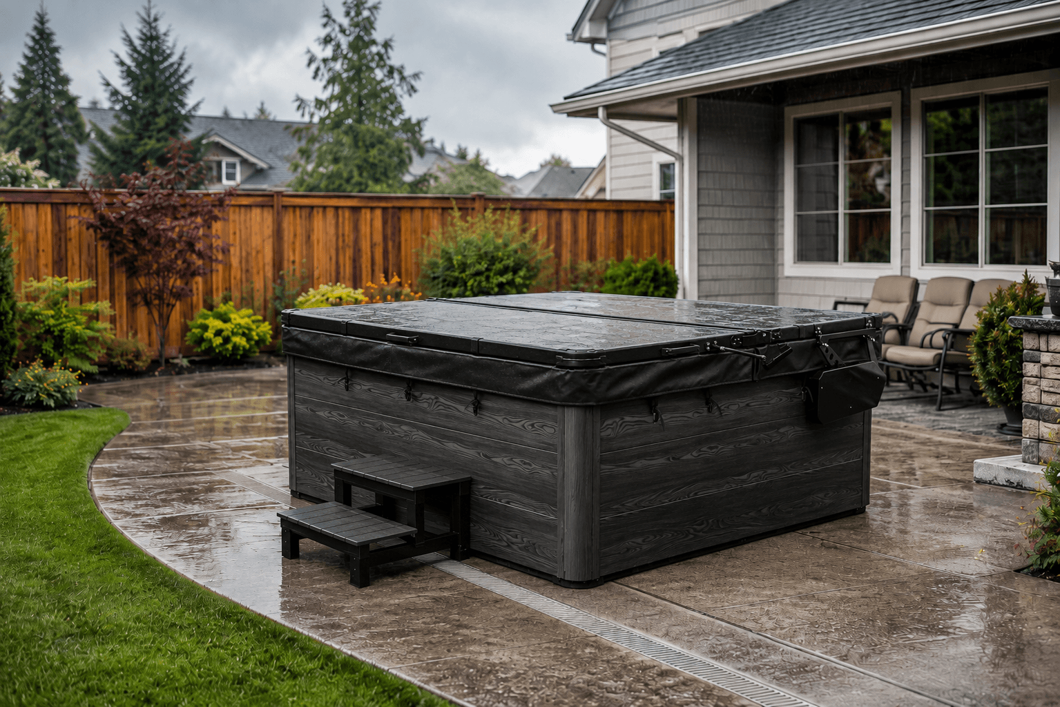 Covered outdoor hot tub during light rain