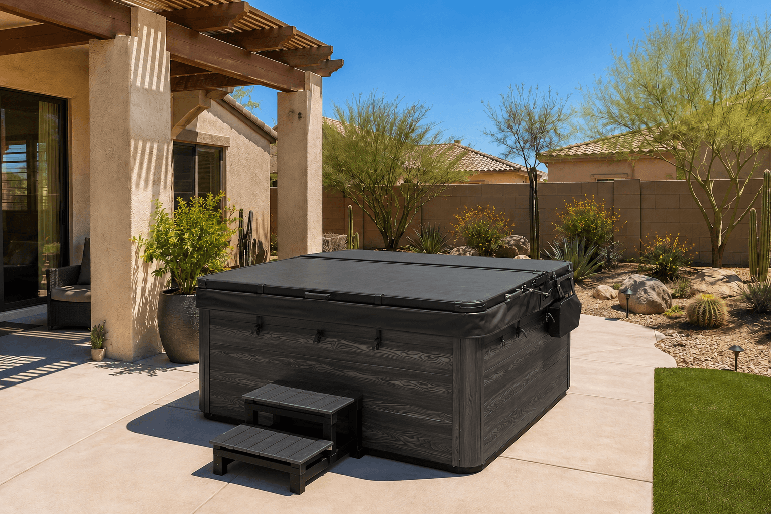 Covered outdoor hot tub in strong sunlight