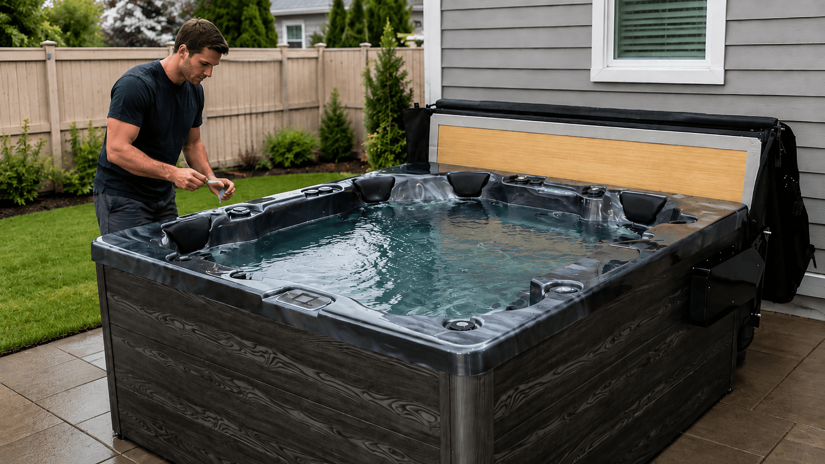 Person testing hot tub water beside an open spa